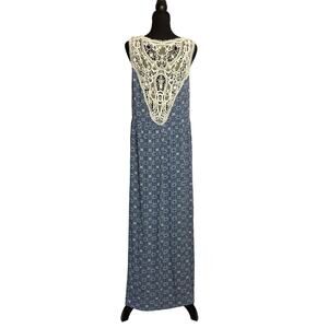 World Market Blue Boho Maxi Dress L/XL Crochet Back Sleeveless Rayon